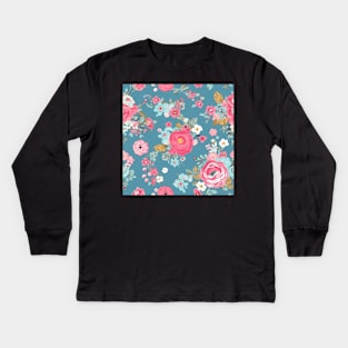 Pink and Blue Shabby Chic  Floral Flowers, Pretty Feminine Pattern on Blue Background Kids Long Sleeve T-Shirt